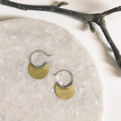Tiny brass disc circle sterling hoops